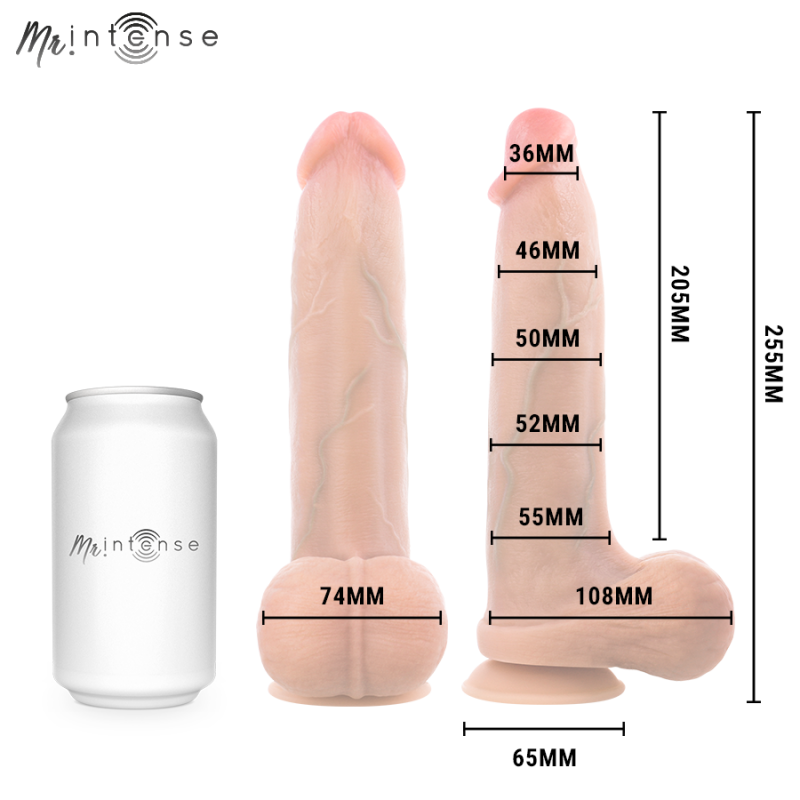 img_221604_9f7f127620934610cfd7404fffe2d4bf_1png - Sex Shop | Lodia.gr - 100% Διακριτική Και Παράδοση με courier της επιλογή σας Silicone dildo with measurement marks along the shaft and a wide, rounded base, shown beside a white Mr.intense can for scale.