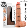 Ultra-realistic silicone dildo (25.5 cm) with diameter markings 3.6–5.5 cm, shown beside its packaging; branding 'Mr Intense'.