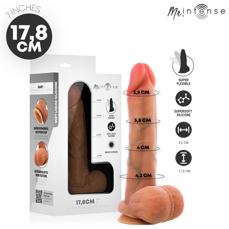 Ultra-realistic silicone dildo with its packaging, showing a 17.8 cm length measurement.