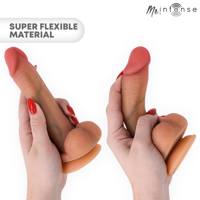 Two hands grip a pink, highly flexible dildo with an orange suction base; white background with 'SUPER FLEXIBLE MATERIAL' text and a MrIntense logo in the top right.