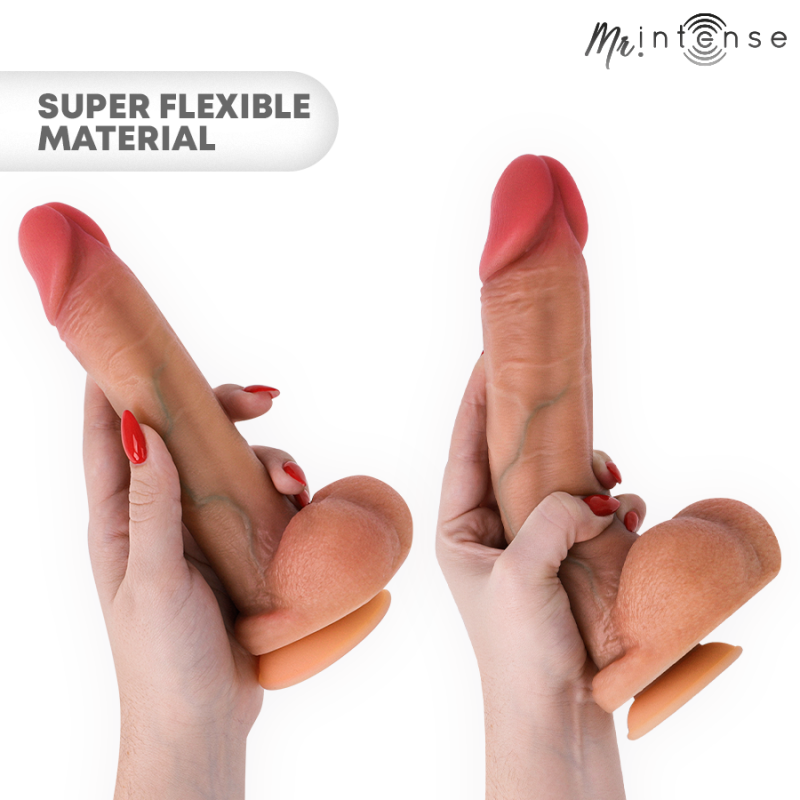Two realistic silicone dildos held in hands, with a 'SUPER FLEXIBLE MATERIAL' banner and the MrIntense logo.
