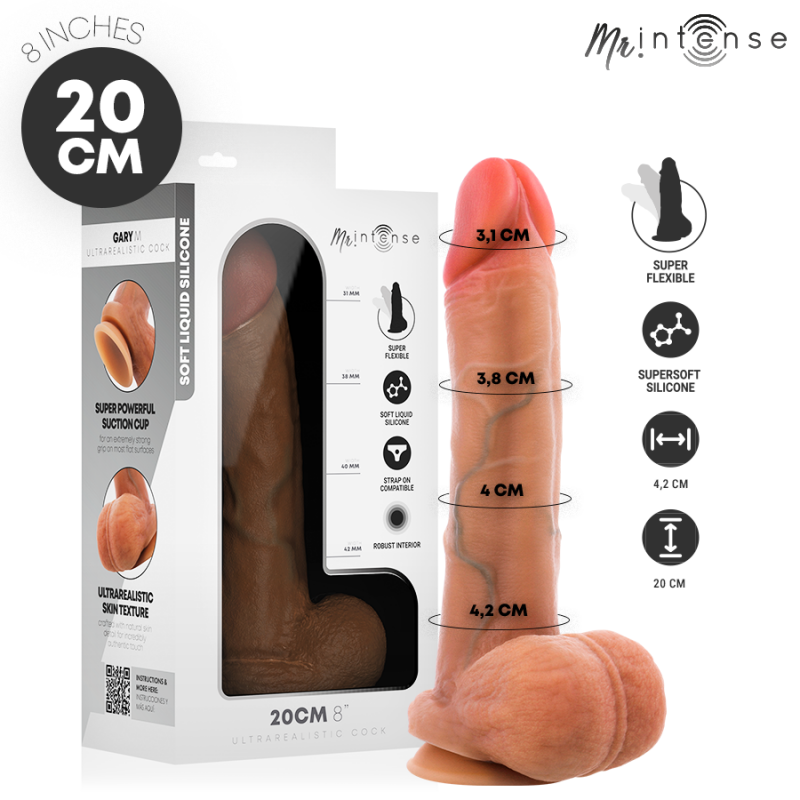 20 cm silicone dildo displayed beside its box, with size markings and Mintense branding