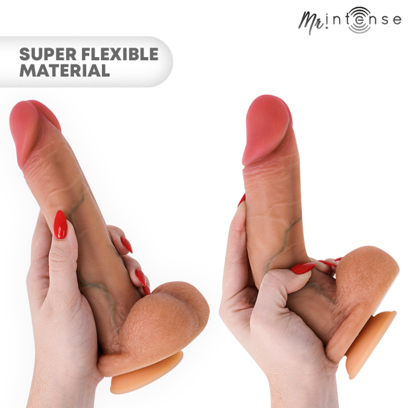 Two hands hold a life‑like, bendable dildo with a suction cup, illustrating its soft, flexible material.