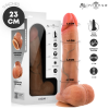 Product packaging for a 23 cm ultrarealist silicone cock with a large dildo beside the box, showing centimeter measurements along the shaft and logos on the box and top-right corner.