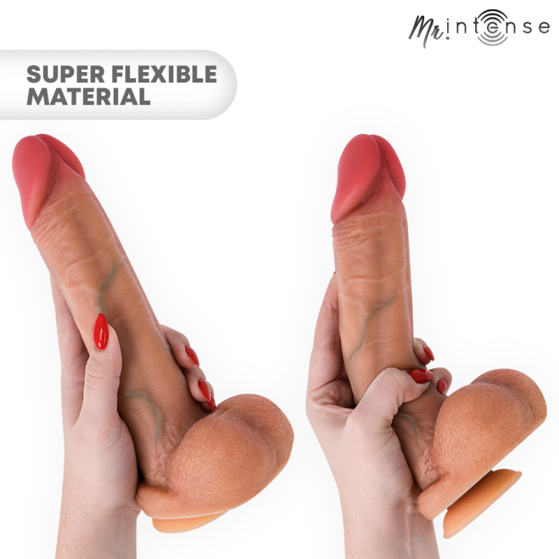 Two life‑size silicone dildos being held upright, showcasing flexible material, with 'SUPER FLEXIBLE MATERIAL' text and a MrIntense logo in the corner.