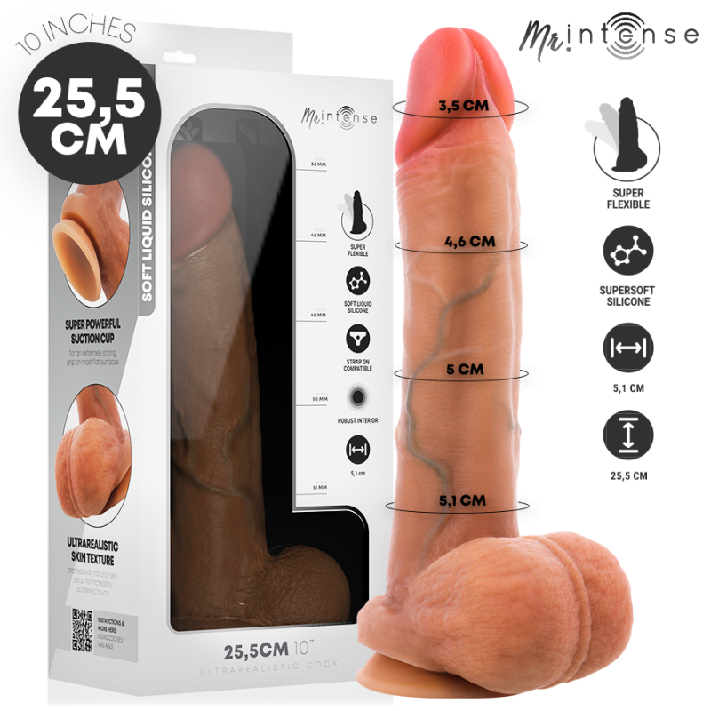 Life-size silicone dildo with suction cup, boxed packaging shown, features dimensions labeled on shaft (25.5 cm length, varying diameters). It’s an adult sex toy for adults.