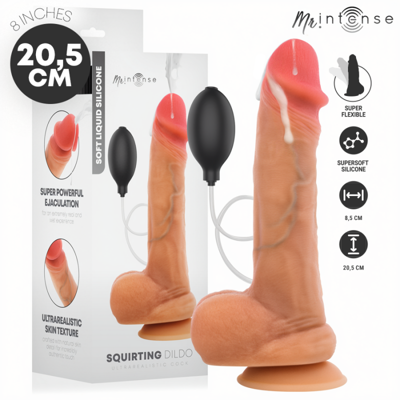 Boxed sex toy with a peach-colored, life-size dildo and a black suction bulb; packaging notes 8 inches (20.5 cm).