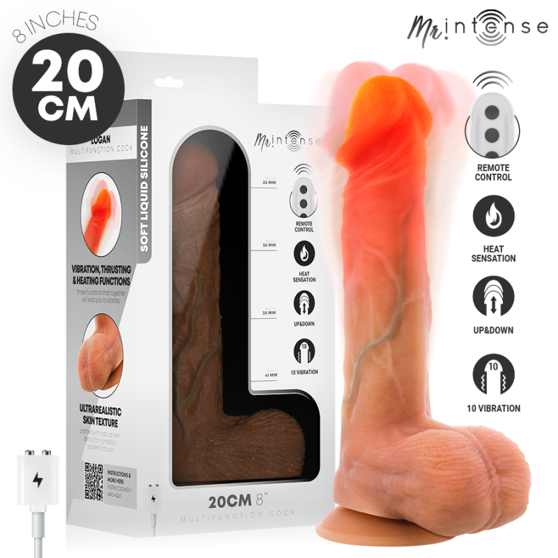 Boxed 20 cm silicone vibrator with remote control, showing realistic skin texture and 'Mr. Intense' branding.