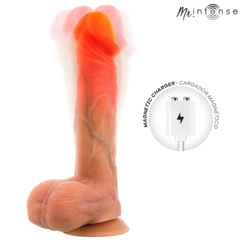 Realistic pink dildo with suction base and red tip, shown upright with motion blur; magnetic charger graphic nearby.