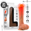 Boxed 21 cm silicone vibrator with remote control and power plug, shown beside the open package.
