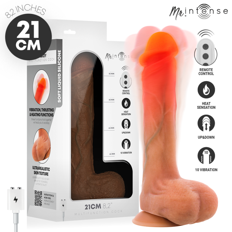 Boxed 21 cm silicone vibrator with remote control and power plug, shown beside the open package.