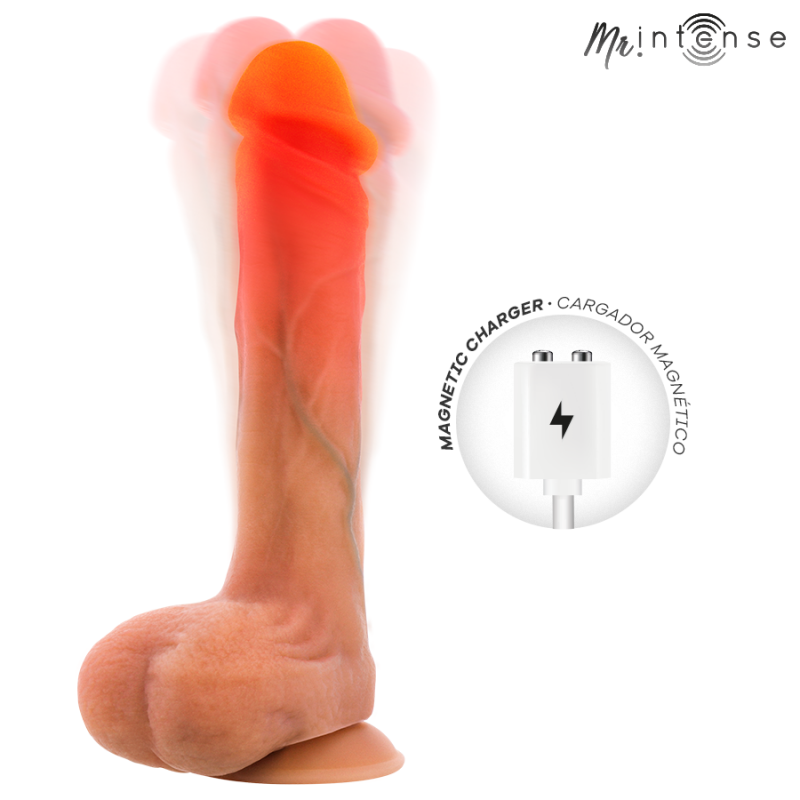 Life-size pink-orange dildo with vein detail and rounded head, shown with a magnetic charger graphic and MrIntense logo in the corner.