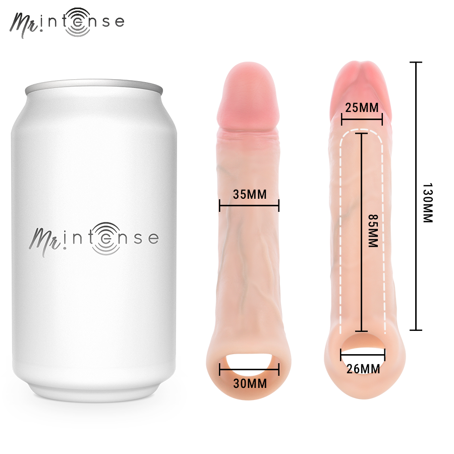 img_221689_170ea46c9d2cfe1820cb6e41a932a772_1png - Sex Shop | Lodia.gr - 100% Διακριτική Και Παράδοση με courier της επιλογή σας Sizing guide with a white can for scale and two silicone penis dildos showing dimension marks (130 mm tall; base diameters 30 mm and 26 mm; shaft diameters 35 mm and 25 mm).