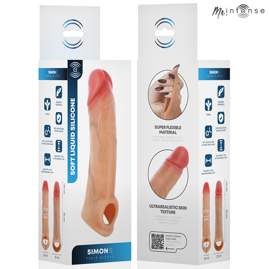 img_221692_211e99e4d300b39369b06a395664aa96_1png - Sex Shop | Lodia.gr - 100% Διακριτική Και Παράδοση με courier της επιλογή σας Packaging for a SIMON'S Soft Liquid Silicone penis sleeve, showing a life‑like beige sleeve on a white box with blue branding.