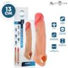 Peach-colored penis sleeve beside its white packaging, labeled 13 cm and Soft Liquid Silicone.