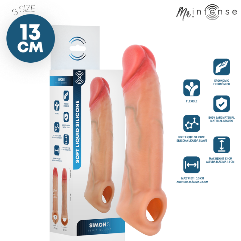 Peach-colored penis sleeve beside its white packaging, labeled 13 cm and Soft Liquid Silicone.