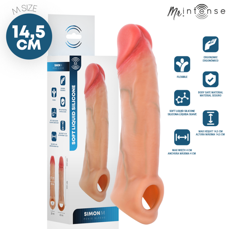 Penis sleeve product with packaging; pink silicone shaft, 14.5 cm length, labeled 'Soft Liquid Silicone' by Simon M. Box displays features.