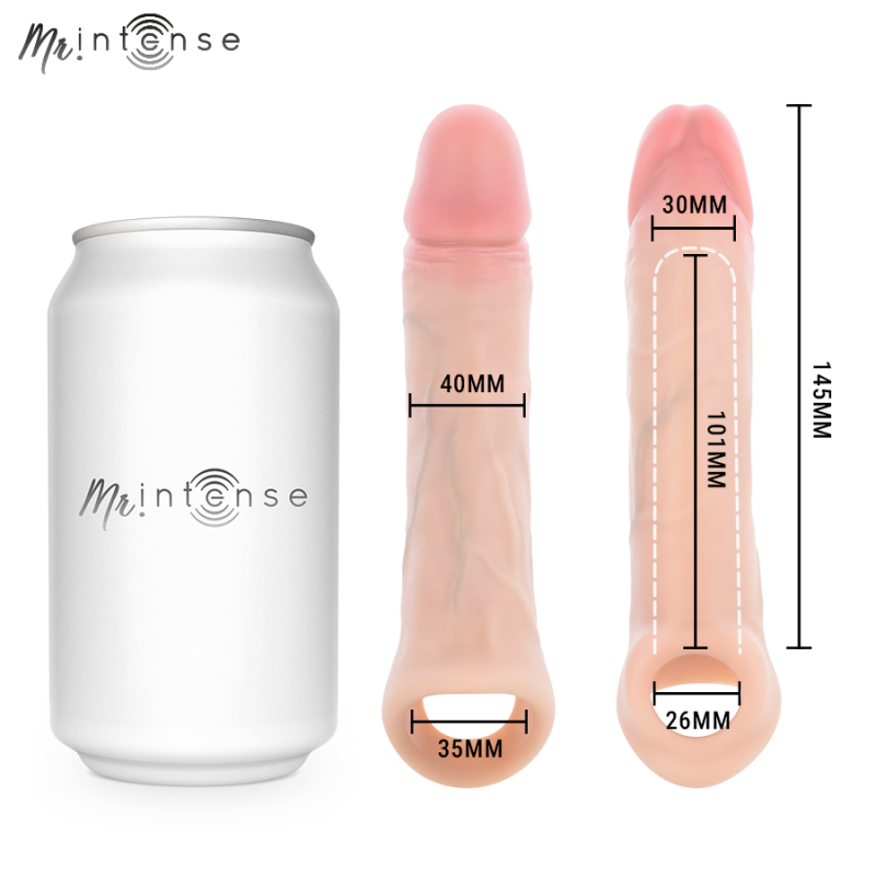 img_221700_1d0160445e11b503397dbaf0e7baa3af_1png - Sex Shop | Lodia.gr - 100% Διακριτική Και Παράδοση με courier της επιλογή σας Brand logo Mr.intense with a white can beside two beige silicone dildos showing size measurements for scale.