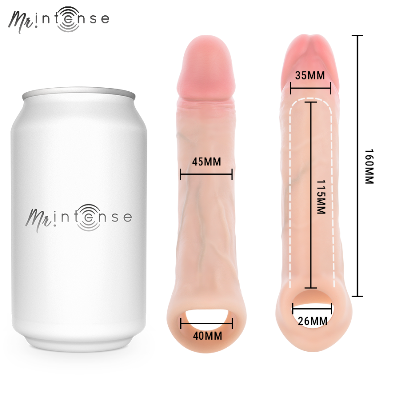 img_221705_5f890d9041997d2a9b4699edcce1d59b_1png - Sex Shop | Lodia.gr - 100% Διακριτική Και Παράδοση με courier της επιλογή σας Product photo showing a white can with the Mrintense logo beside two silicone penis dildos with measurement marks: left dildo 45 mm wide shaft and 40 mm base; right dildo 35 mm head, 26 mm base, 115 mm inner length, total length 160 mm.