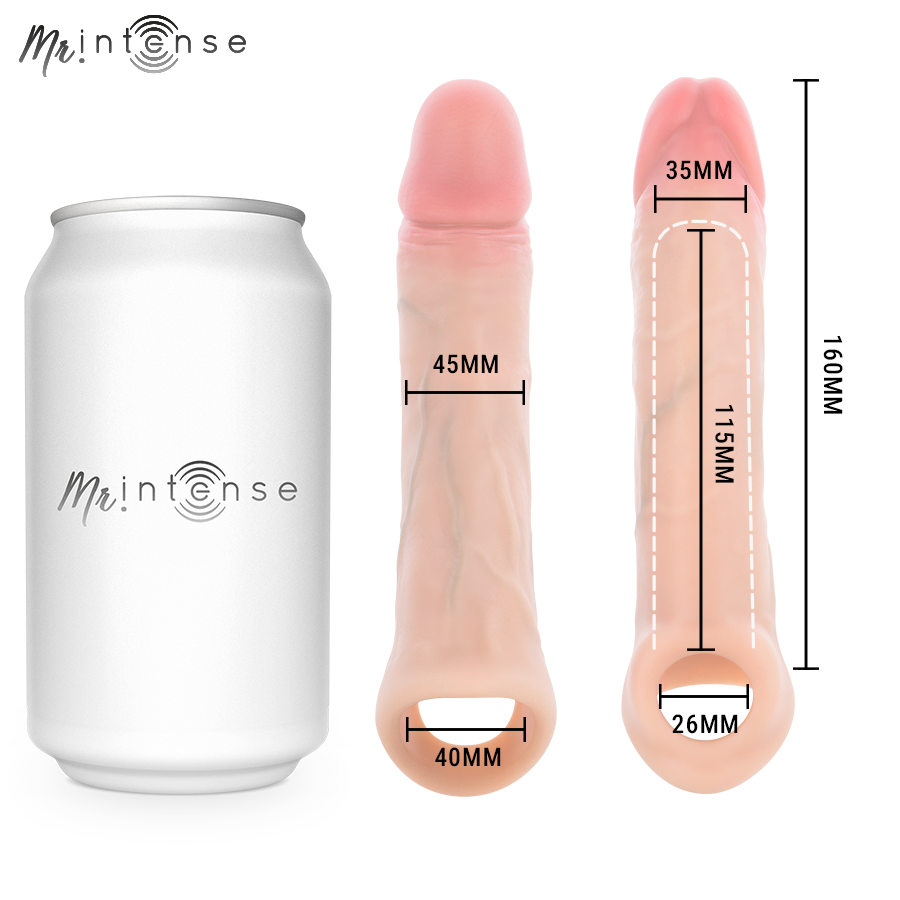 img_221705_5f890d9041997d2a9b4699edcce1d59b_1png - Sex Shop | Lodia.gr - 100% Διακριτική Και Παράδοση με courier της επιλογή σας Product photo showing a white can with the Mrintense logo beside two silicone penis dildos with measurement marks: left dildo 45 mm wide shaft and 40 mm base; right dildo 35 mm head, 26 mm base, 115 mm inner length, total length 160 mm.