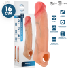 Silicone penis sleeve (16 cm) shown with its box and feature icons highlighting flexibility and ergonomic design.