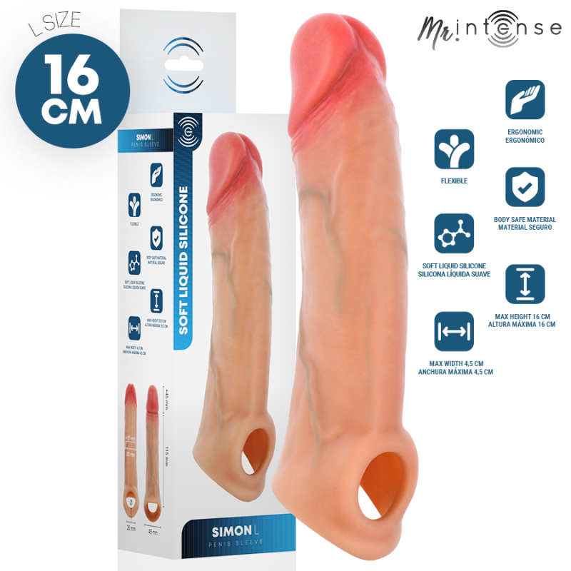 Silicone penis sleeve (16 cm) shown with its box and feature icons highlighting flexibility and ergonomic design.