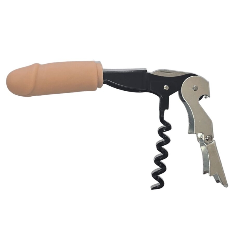 Corkscrew wine bottle opener with a beige silicone handle and a metal lever for removing corks
