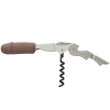 Lever-style corkscrew with brown handle and spiral worm for opening wine bottles (built-in levers)