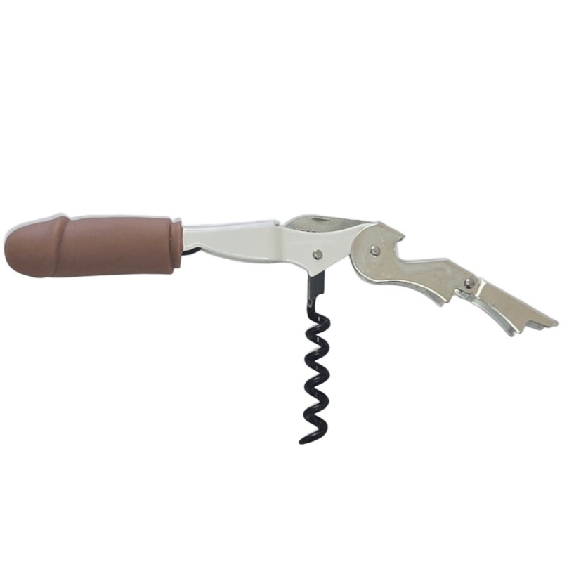 Lever-style corkscrew with brown handle and spiral worm for opening wine bottles (built-in levers)