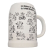 White mug covered with black line drawings of people performing various Kama Sutra positions.