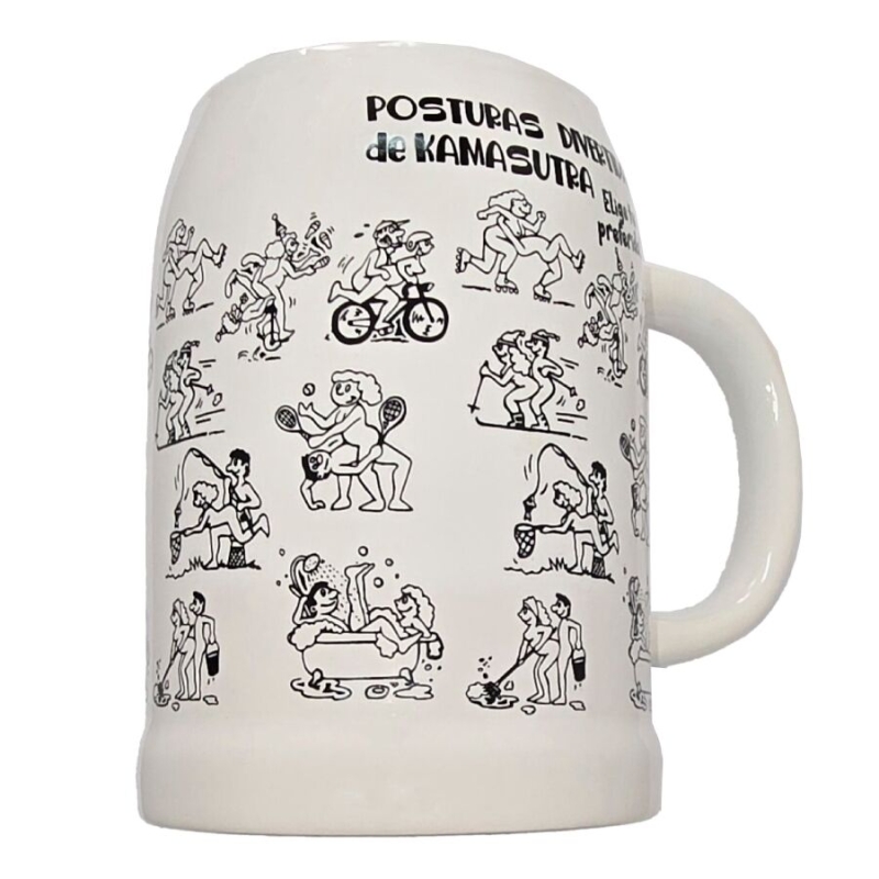 White mug covered with black line drawings of people performing various Kama Sutra positions.