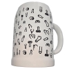 White ceramic mug covered with small black penis doodles, a humorous novelty design.