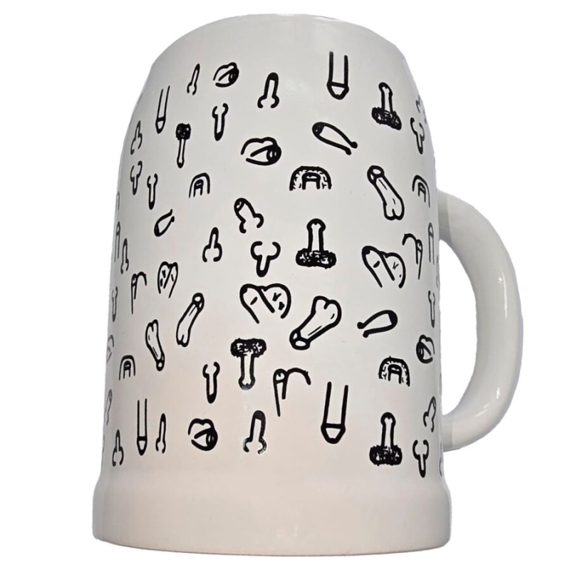 White ceramic mug covered with small black penis doodles, a humorous novelty design.