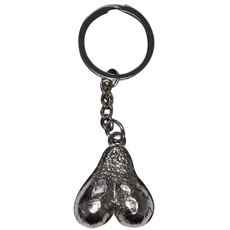 Dark metallic keychain with a glossy two-heart pendant on a short chain.