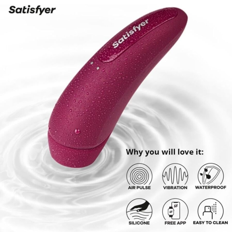 Pink curved silicone vibrator (Satisfyer) emerging from a rippling water background; highlights include air pulse, vibration, waterproof, silicone, free app, easy to clean.