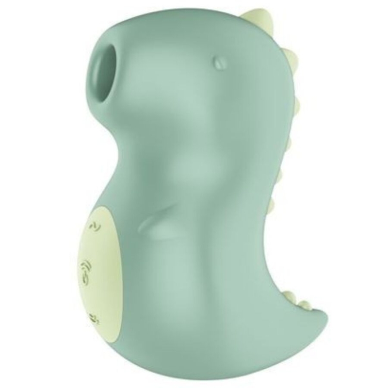 Mint green dinosaur-shaped toy for kids with a cream-colored control panel on its side and pale yellow spikes along the back.