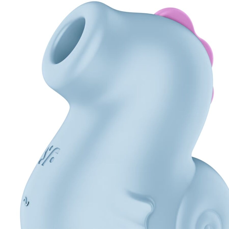 Blue dinosaur-shaped silicone teething toy with pink spikes along its back.