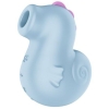 Blue unicorn-shaped baby teether, silicone, shown from the side with a pink mane edge? this is a concise alt text.
