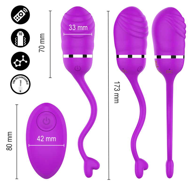 img_223825_5a20a2f0879397986f99f61388e6e8fb_1png - Sex Shop | Lodia.gr - 100% Διακριτική Και Παράδοση με courier της επιλογή σας Purple USB-rechargeable sex toy set: a curved vibrating egg (33 mm diameter, 70 mm long) with a flexible tail, a larger wand (173 mm long), and a separate remote control (about 80 mm) for wireless operation. Icons show charging, remote control, and USB rechargeability.