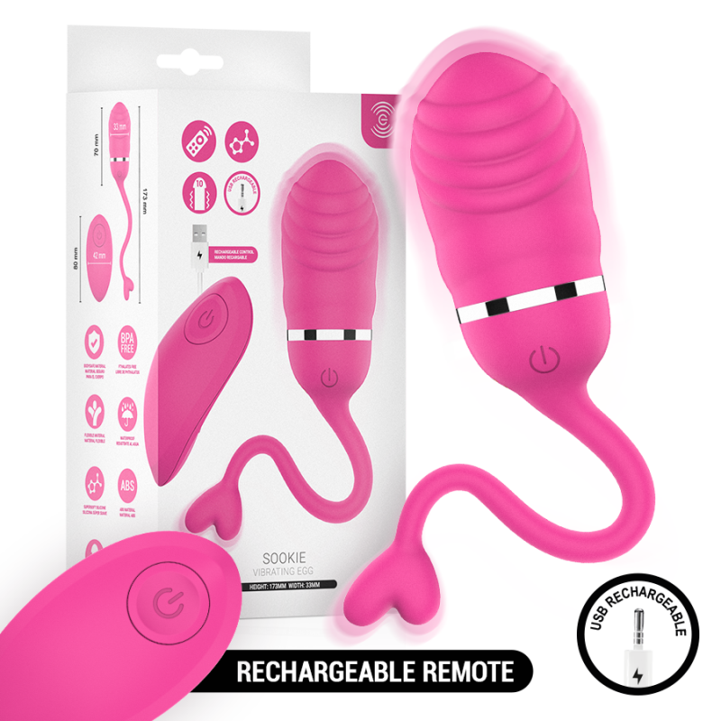 Pink silicone vibrating egg with remote and USB charging, shown with its packaging for a rechargeable sex toy.