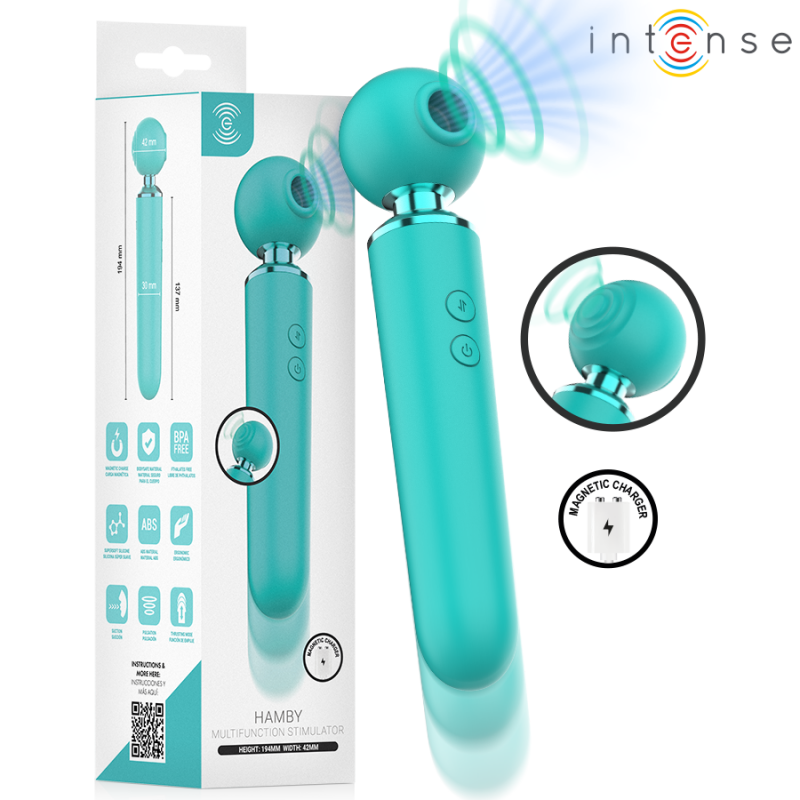 Teal wand-style vibrator with round head, shown next to its packaging and the Intense branding.