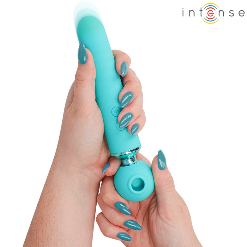 img_223857_703cb838f273ff90db1f1e281b808782_1png - Sex Shop | Lodia.gr - 100% Διακριτική Και Παράδοση με courier της επιλογή σας Turquoise silicone vibrator being gripped in hands, with a white background and the 'intense' logo in the top-right corner.