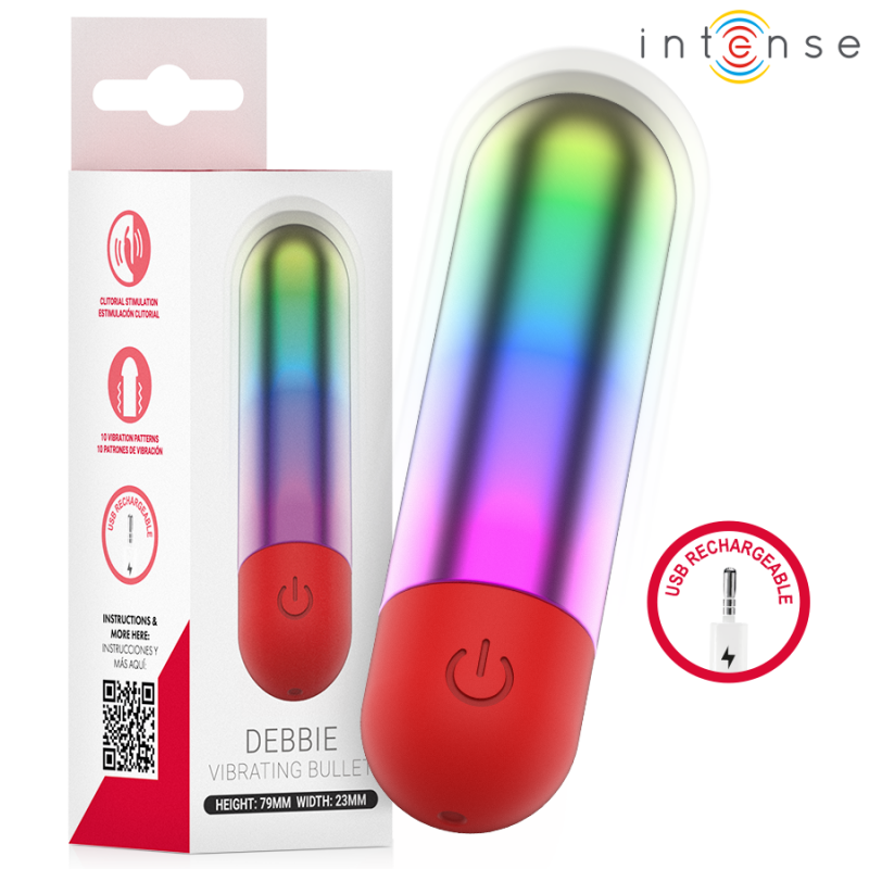 Rainbow vibrating bullet with red base, USB rechargeable, shown next to its packaging labeled 'Debbie Vibrating Bullet' and the Intense logo.