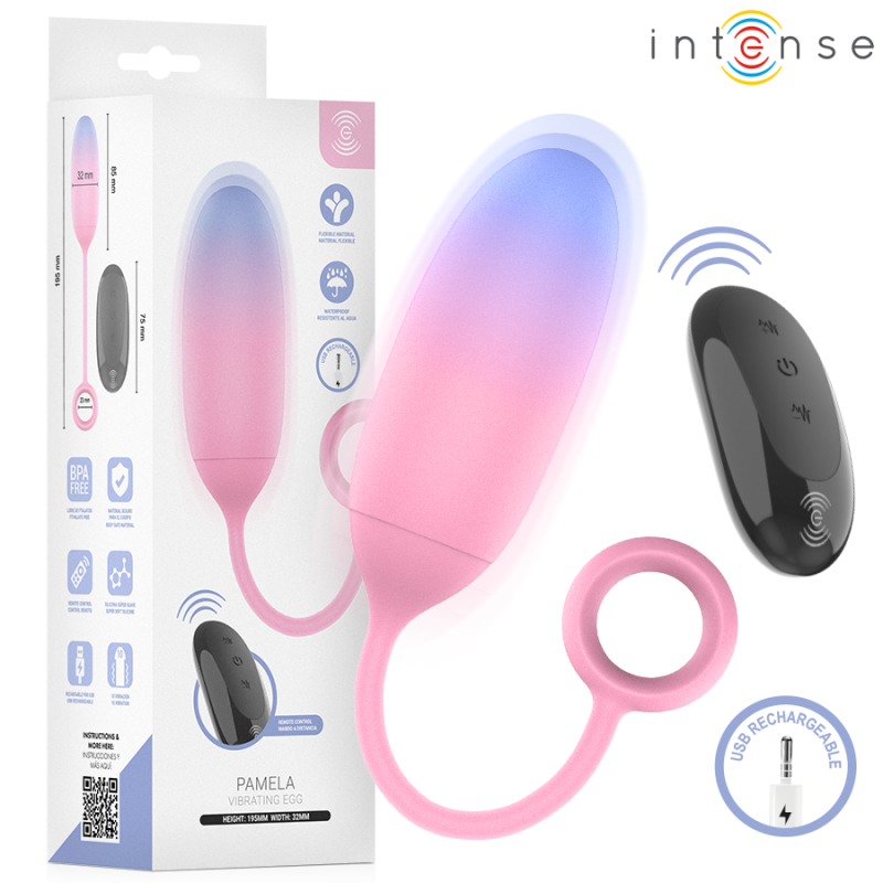 Pink silicone vibrating egg with a ring handle and wireless remote, shown with its packaging; USB rechargeable.
