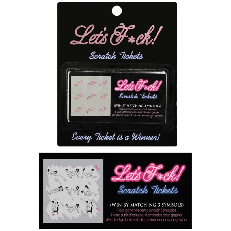 Promo card for 'Let's F*ck! Scratch Tickets' with a black background and a scratch-ticket window showing pink logo text: 'Let's F*ck! Scratch Tickets' and 'Every Ticket is a Winner!'