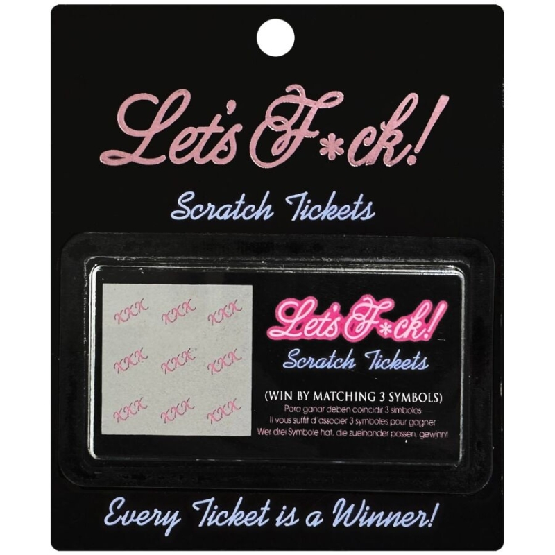 Scratch-ticket display card reading 'Let's F*ck! Scratch Tickets' with a sample ticket and the slogan 'Every Ticket is a Winner!' on a black background.