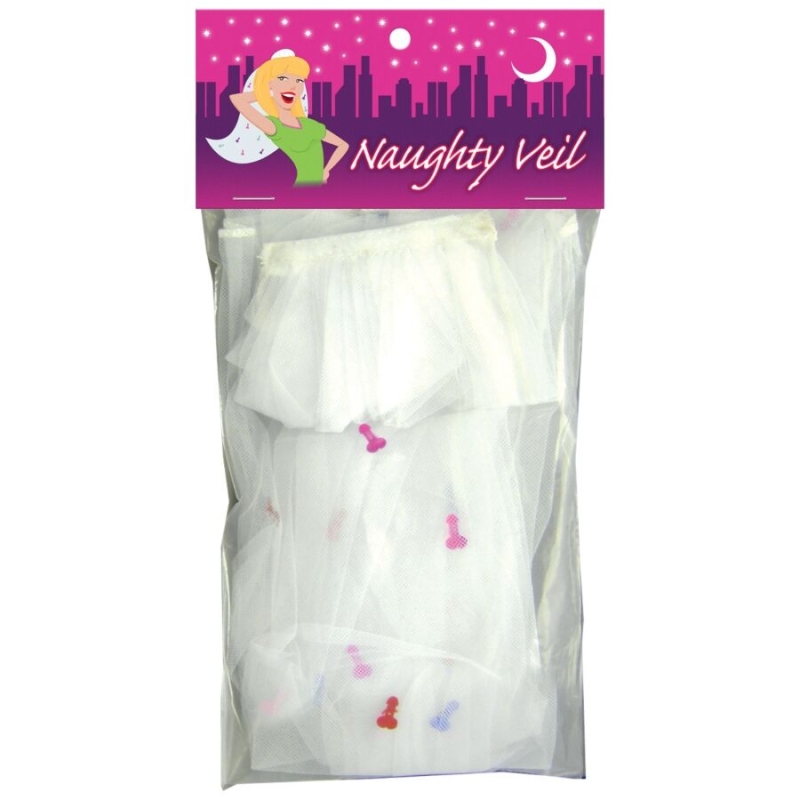 Package containing a white veil, labeled 'Naughty Veil' on a pink night-city graphic header.