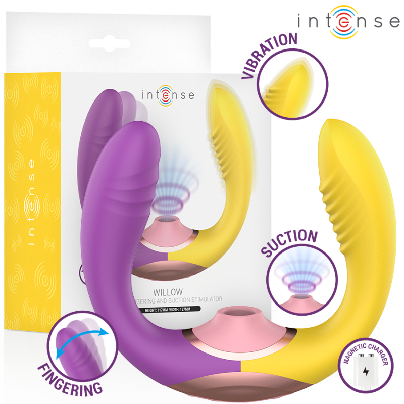 Dual-action vibrator in purple and yellow with a finger loop and suction function, shown with charging icon.