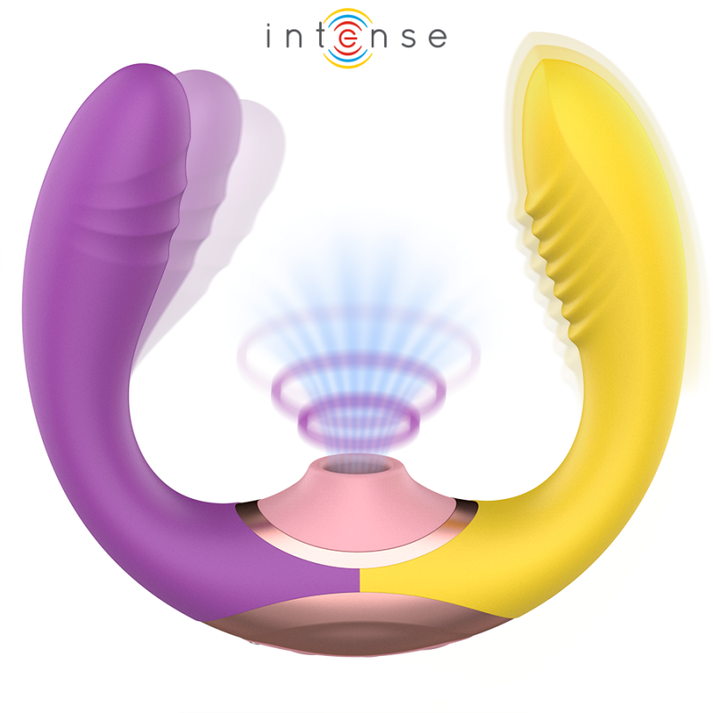 img_223971_59a233f2f6ca724bf7426f0676ddf3d3_1png - Sex Shop | Lodia.gr - 100% Διακριτική Και Παράδοση με courier της επιλογή σας Dual-ended silicone vibrator in purple and yellow with a pink center, emitting wave-like vibrations from the base.