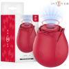 Intense Camellia clitoral stimulator in red silicone with its packaging, shown with blue signal graphics and brand logo above left to right.